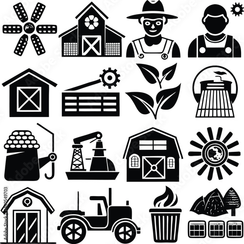 This vector icon set presents farm animals icons as black silhouettes, suitable for web design and business use as symbols or illustrations