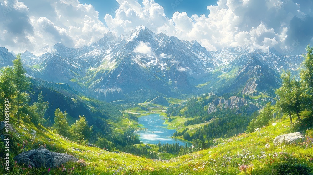 Fototapeta premium Mountain landscape with green meadow trees and blue sky with clouds.