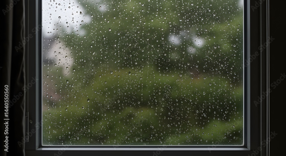 Naklejka premium A window pane covered in raindrops with a blurred green background of trees and foliage outside view