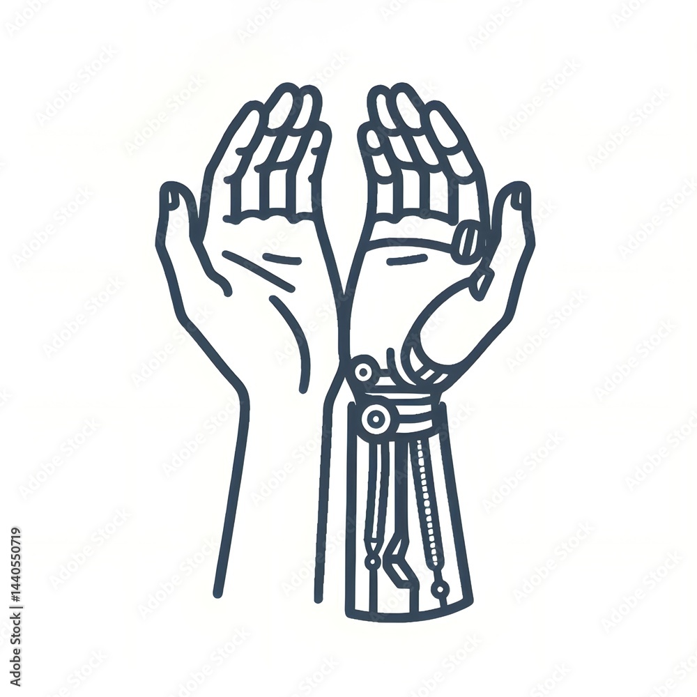 Obraz premium Human and robotic hands demonstrating partnership 