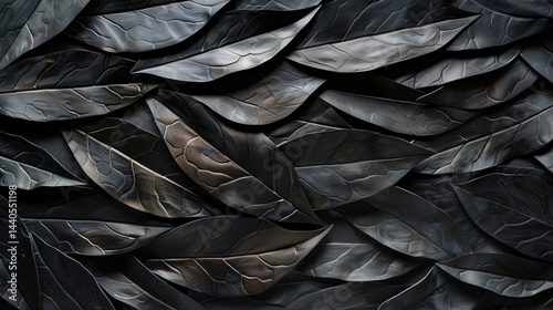 Closeup of subtle black leaf texture with variations, ideal for modern artistic backgrounds, banners, and creative presentations.

