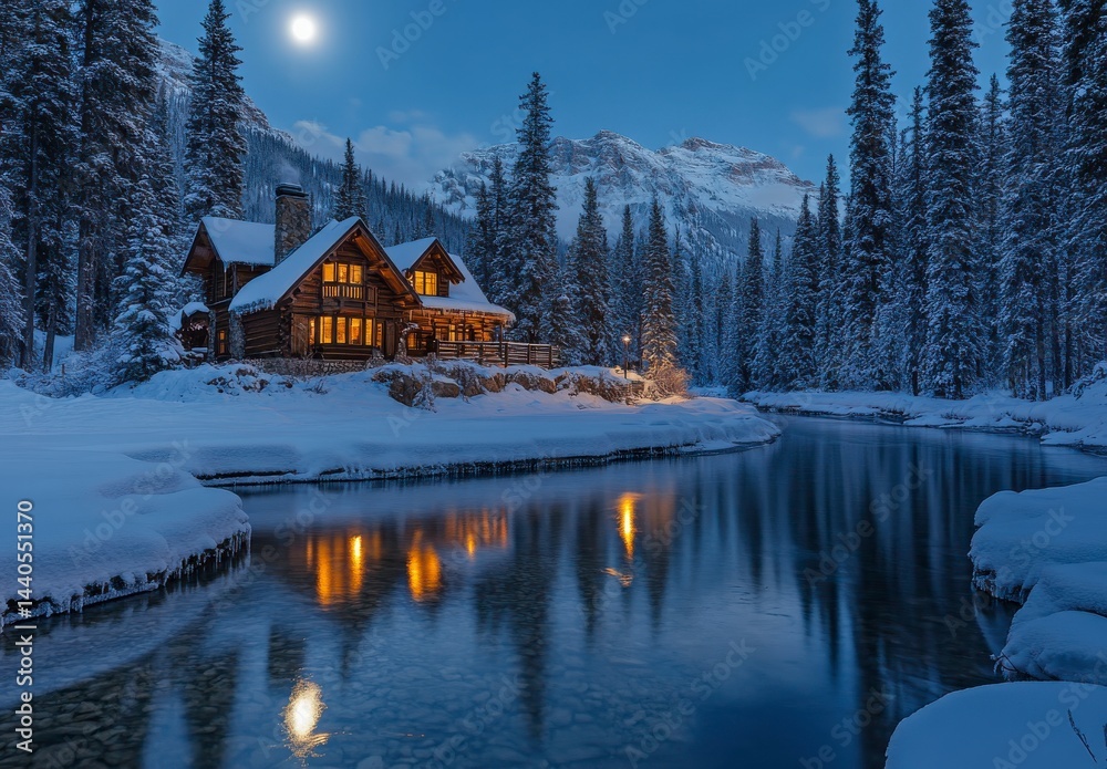 Fototapeta premium Illuminated Mountain Cabin Winter Night Scene