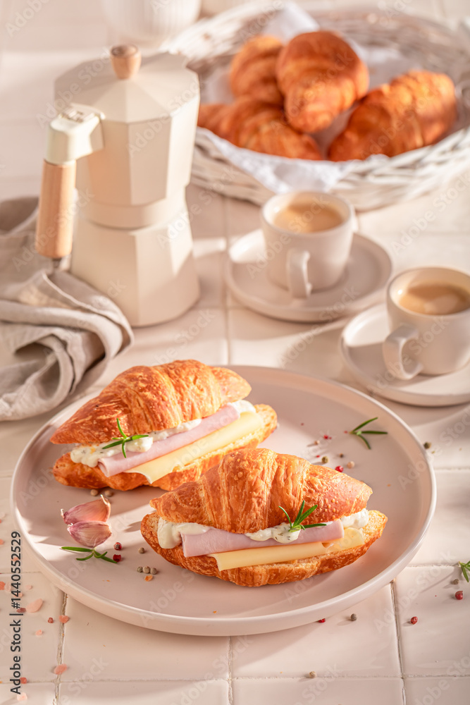 Tasty and healthy french croissant with cheese, ham and garlic.