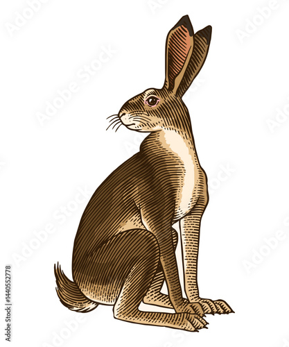 hare or rabbit sitting , in old vintage traditional style, hand drawn made by pen and ink. big set of engraved wild farm animals for labels or web design