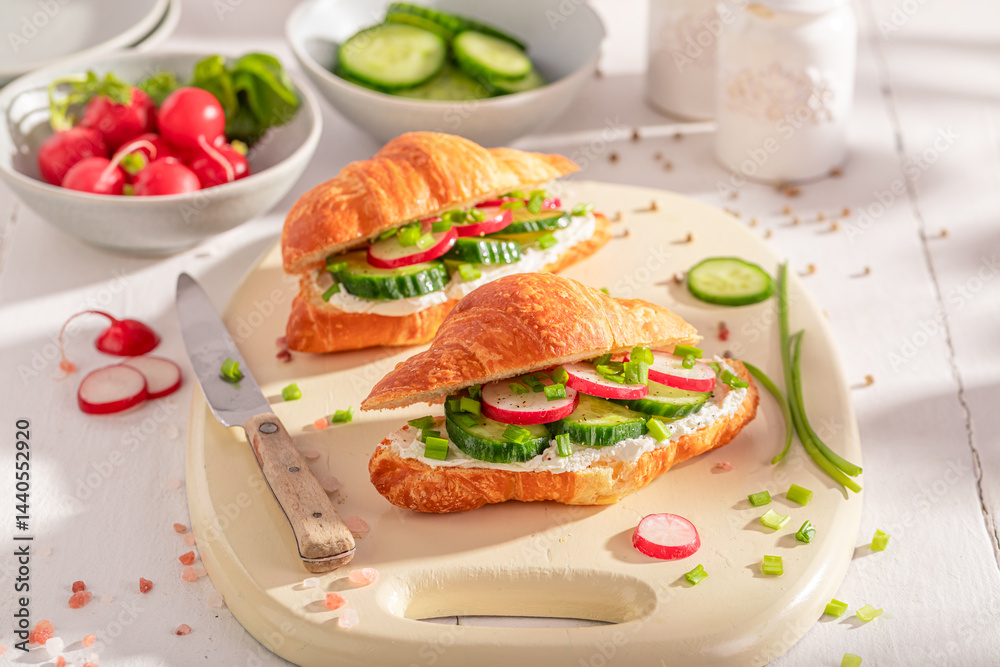 Golden and healthy french croissant for vegetarian breakfast.
