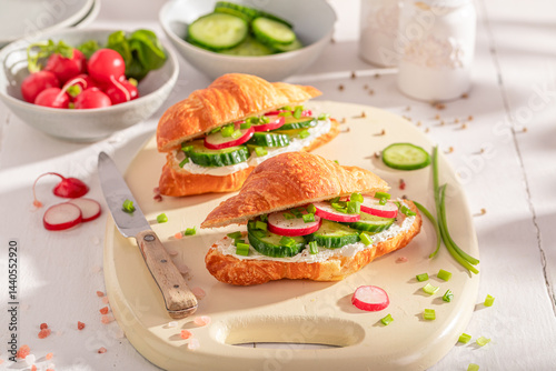 Obraz na płótnie Golden and healthy french croissant for vegetarian breakfast. w salonie
