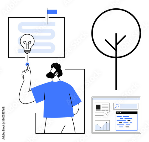 Man pointing at a screen with a lightbulb and winding path, tree symbolizing nature, system interface with data. Ideal for idea generation, innovation, strategy, sustainability, creativity