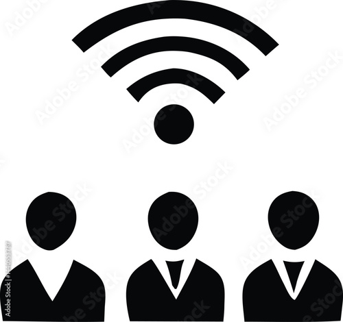Business people icons show a man and woman, while another man with a wireless network symbol indicates internet communication technology