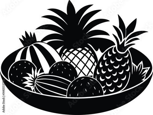 A tropical fruit platter silhouette white background