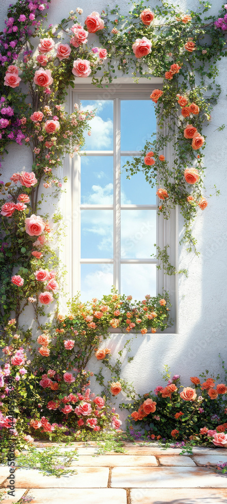 Fototapeta premium White Wall with Blooming Window Full of Roses on a Sunny Day