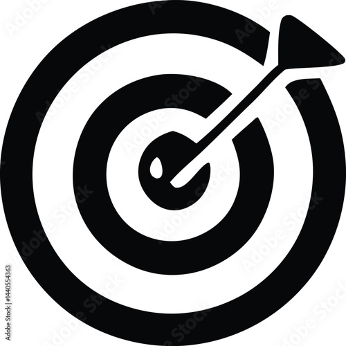 A red dart arrow hits the bullseye at the center of the dartboard, symbolizing business success and aiming accuracy in the sport of darts