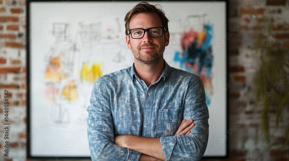 Fototapeta premium A man stands at a flip chart in a modern office setting, presenting a flowchart that outlines a strategy involving steps like Assess Performance, Create Action Plan, and Evaluate Process.