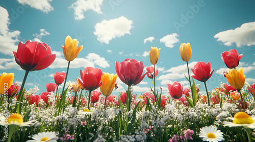 Colorful Tulip Field with Blue Sky and White Clouds - Illustration