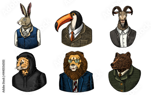 6 different animals and birds in humans clothes and suits. Lion, tuscan bird and bear next to rabbit and goat for drinks or emblems. Anthropomorphic wild animals drawing. Hand drawn sketchy old style