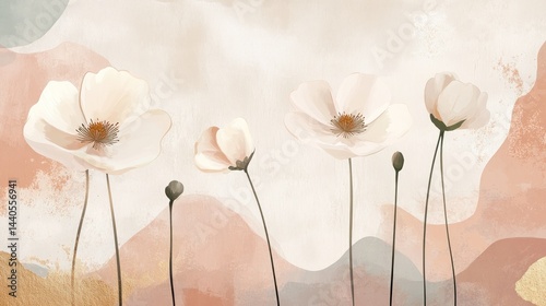 Abstract painting of delicate white flowers on a soft peach and grey background.