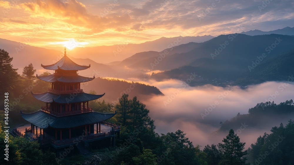 Fototapeta premium Sunrise over misty mountains and ancient pagoda serene landscape nature photography tranquil environment aerial view