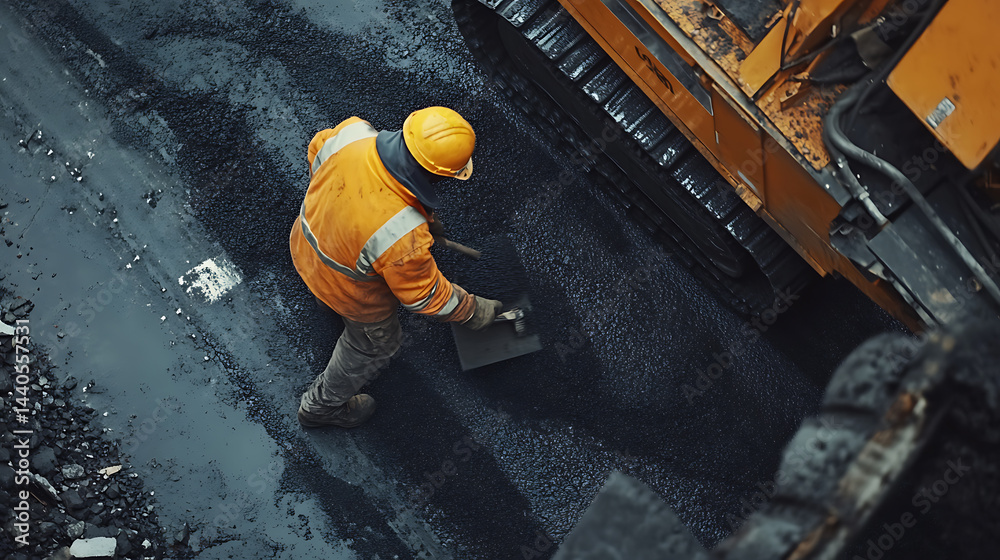 Construction Worker Laying Asphalt