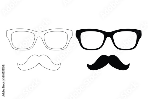 Nerd Glasses and Mustache Silhouette and Outline Black Vector Icon
