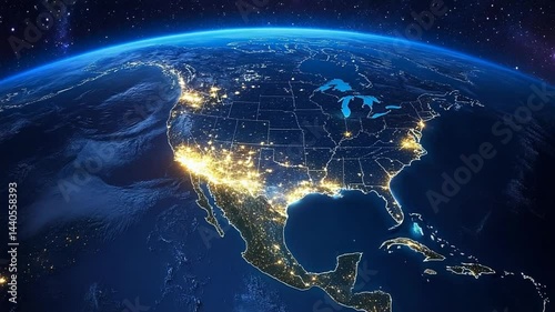 Spectacular View of North America from Space with City Lights at Night High Definition