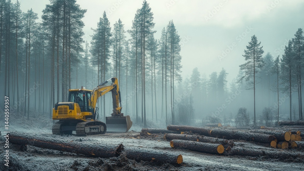 Excavator in forest with logs, cold industrial scene