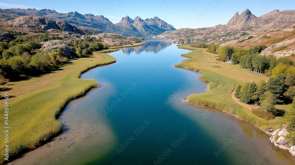 Obraz premium Tranquil Blue River Winding Through Lush Green Valley and Rocky Mountains Under Sunny Sky