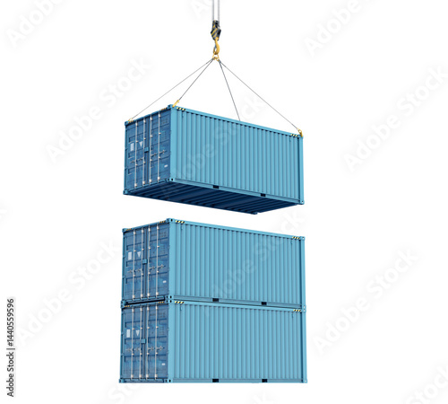 Blue shipping containers arranged in stacked walls. Isolated on a transparent background. 3d illustration.