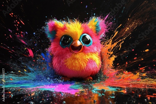 Brightly colored furry creature surrounded by vibrant splashes of paint in an imaginative setting at night