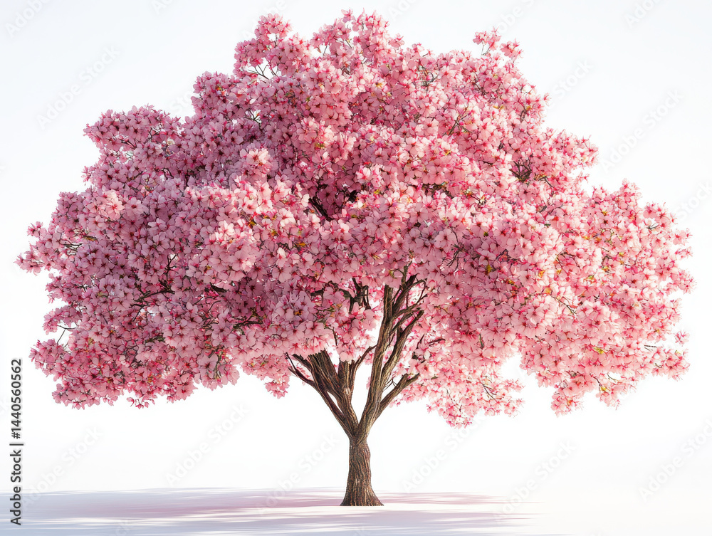 Fototapeta premium Beautiful cherry blossom tree in full bloom stands alone against clear sky, showcasing its vibrant pink flowers. serene scene evokes sense of tranquility and natural beauty