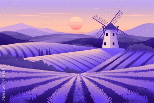 Lavender fields at sunset with windmill in serene landscape