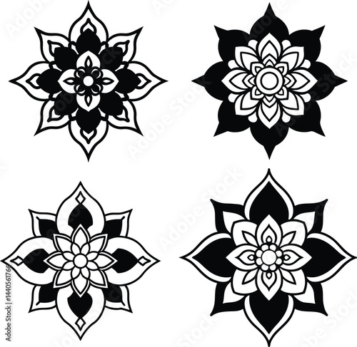 Four black-and-white mandala-style floral designs with intricate, symmetrical petals and layered patterns, Line Thai Pattern