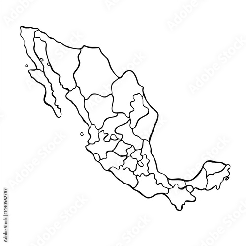 Silhouette Mexica map divided into states vector monochrome illustration painted by black inks in minimalist style. For tourist advertising brochures, for educational materials, political infographics