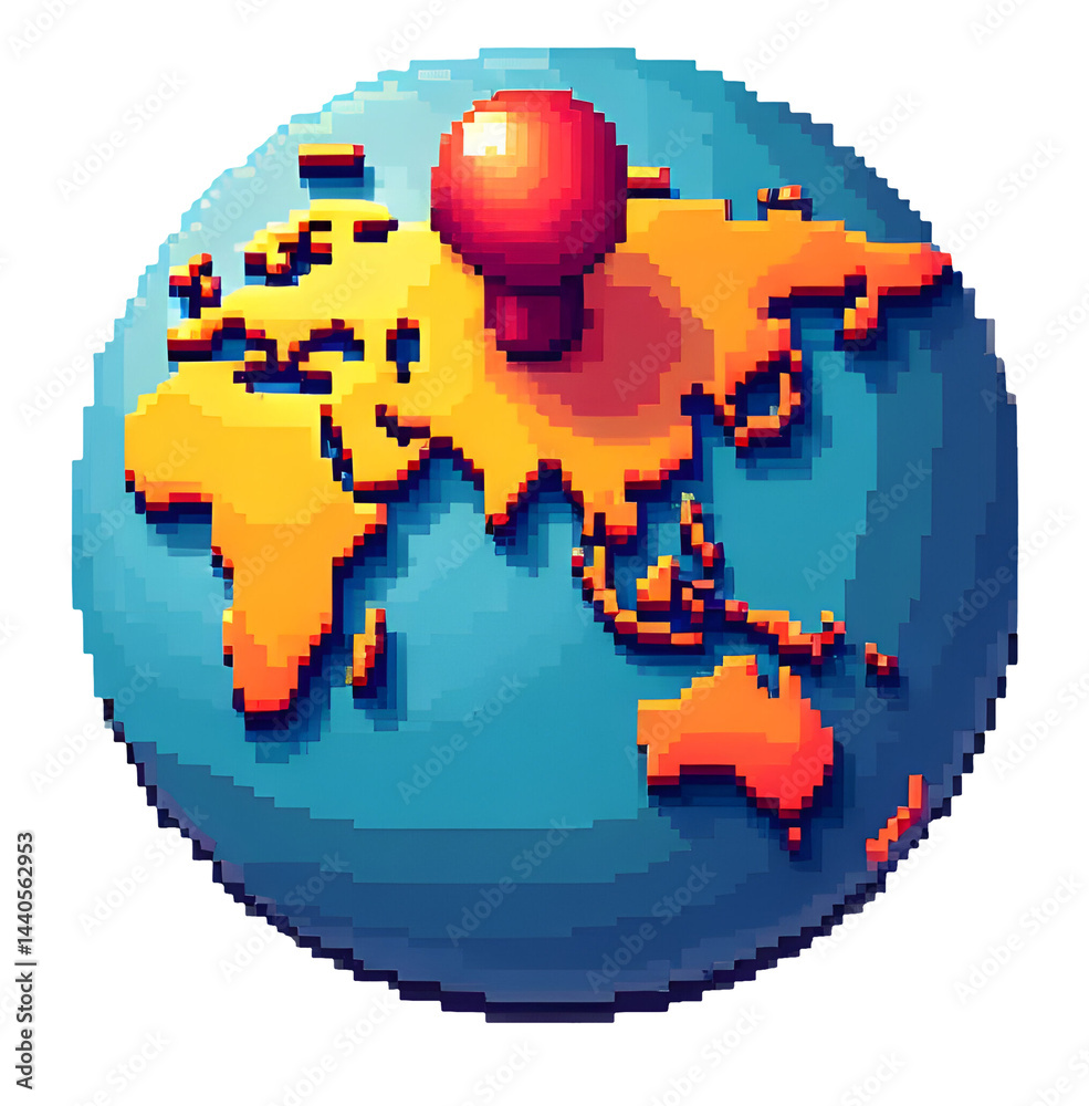Pixel art globe with pin, colorful world map, vibrant colors, digital design,cut out