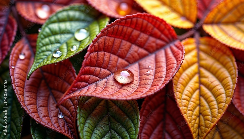 Colorful leaves with raindrops in a vibrant arrangement