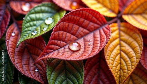 Obraz na płótnie Colorful leaves with raindrops in a vibrant arrangement w salonie