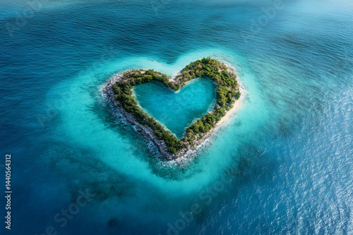 Heart-shaped island surrounded by turquoise water in a tropical setting
