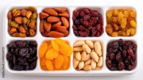 A vibrant assortment of dried fruits and nuts arranged in a white tray, showcasing variety and texture