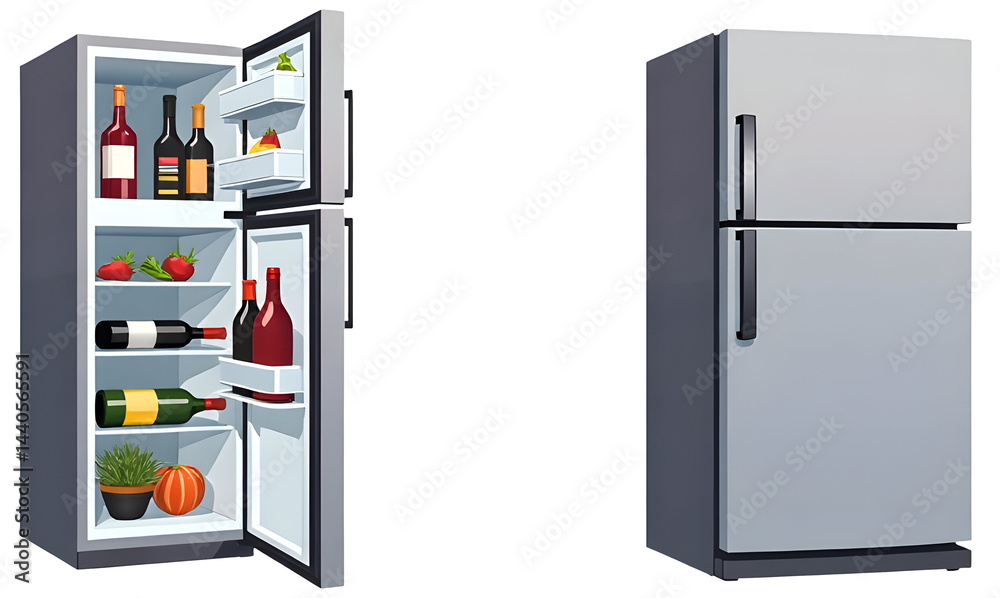 Colorful refrigerator comparison showcasing various beverages and food items.,cut out