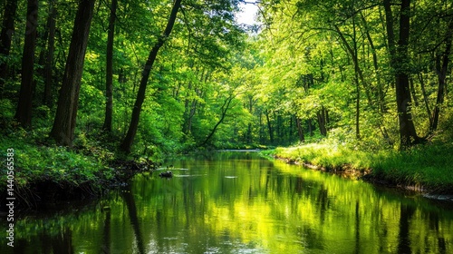 Serene forest with a calm river running through the middle, surrounded by lush green trees on white background.