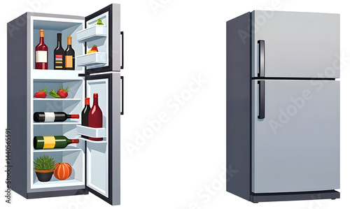 Obraz na płótnie Colorful refrigerator comparison showcasing various beverages and food items.,cut out w salonie