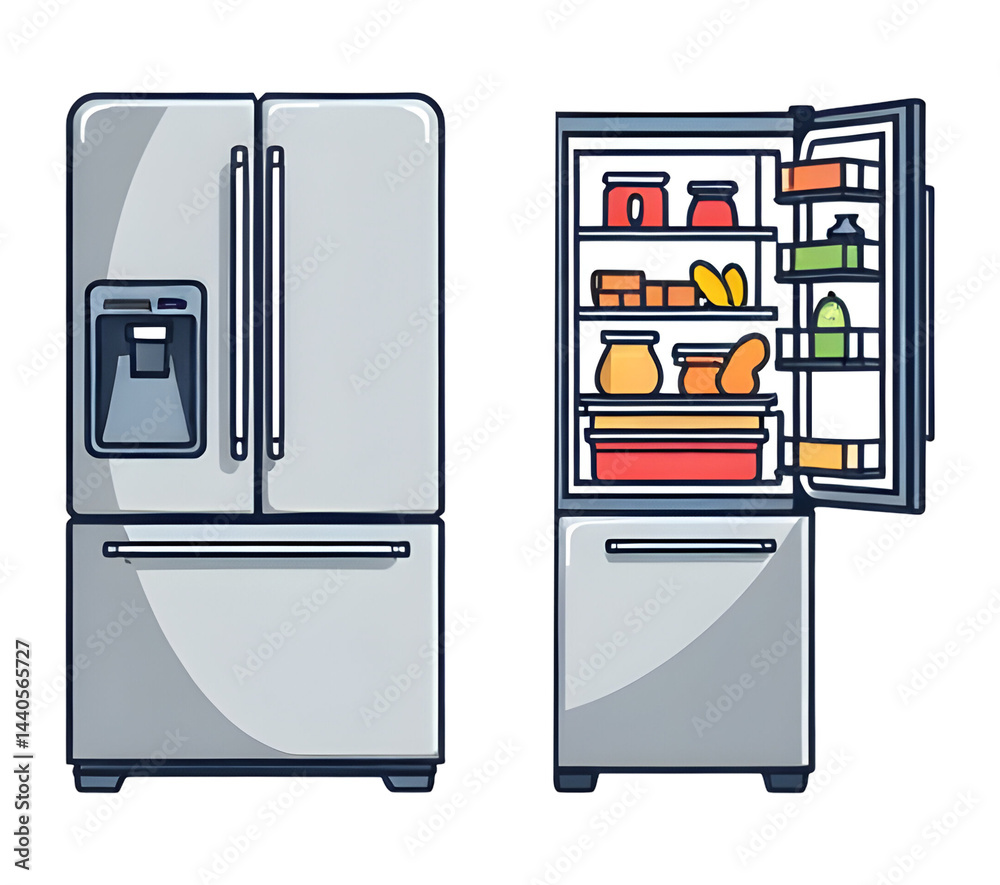 Modern refrigerator illustration showcasing sleek design with open door revealing,cut out