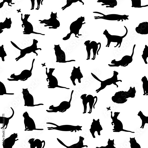 Seamless pattern of black silhouettes of cats in various poses on a white background.Vector pattern of pets for textiles, backgrounds, and packaging of cat products.