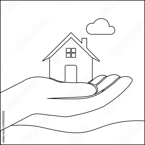 Hand Holding House Sky Background Coloring Sheet