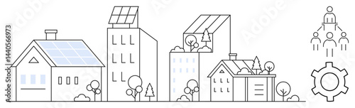 Residential and urban buildings with solar panels, trees, and gear mechanism. Group of people in a hierarchical structure. Ideal for sustainability, teamwork, innovation, community, green energy