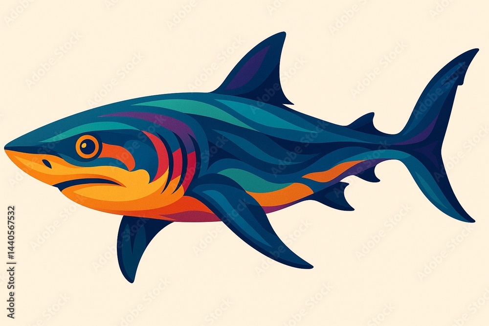 Fototapeta premium Modern flat vector style illustration of a shark jumping playfully with colorful minimalist shapes and abstract playful landscape in the background
