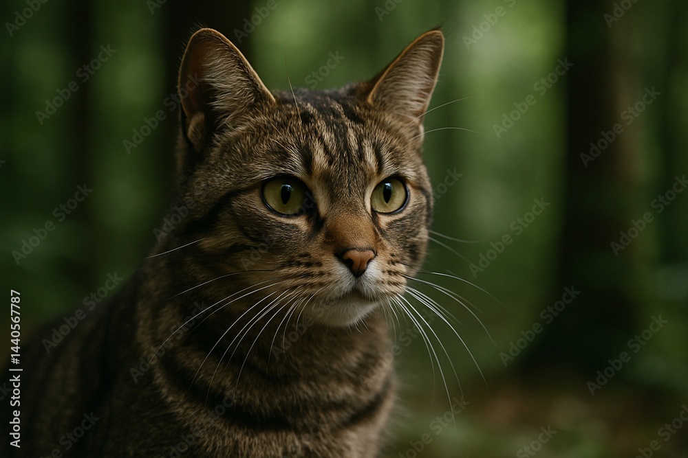 Close-up wildlife photograph showing a cat resting in natural habitat among green foliage and soft sunlight filtering through dense forest trees Close-up wildlife photograph showing a cat resting in natural habitat among green foliage and soft sunlight filtering through dense forest trees