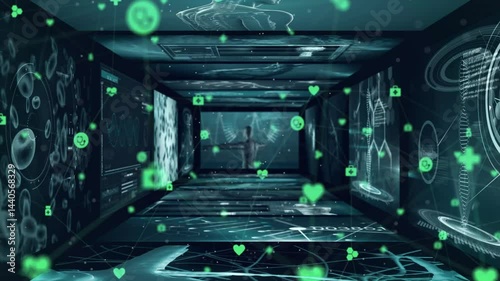 translucent human silhouette holding T-pose in medical tunnel, with floating hearts and DNA helixes