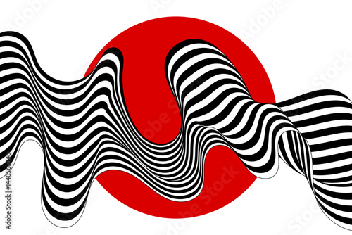 Abstract black and white wave is decorated with an red circle. Eps 10
