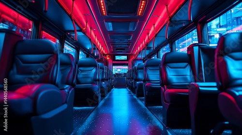 Modern bus interior with red and blue lighting.
