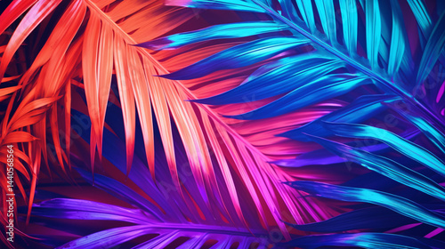 Tropical and palm leaves in vibrant, bold gradient holographic neon colors, creating a futuristic tropical vibe.

