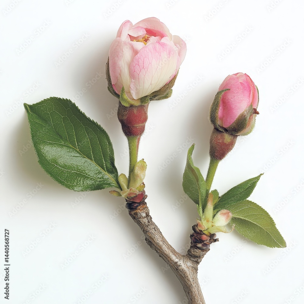 Fototapeta premium A close-up view of delicate pink flower buds on a slender branch, showcasing the intricate details of nature, with a soft white background emphasizing their beauty and freshness